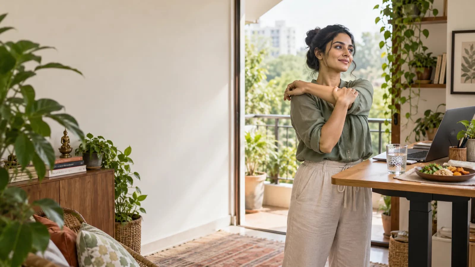 Indian woman stretching beside her standing desk, representing sustainable movement and personalised weight management in PMOS.