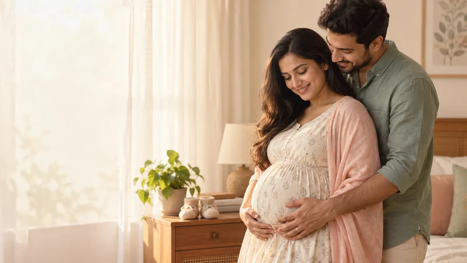 Pregnant Indian woman and her partner gently holding her belly, with baby booties nearby in a sunlit home.