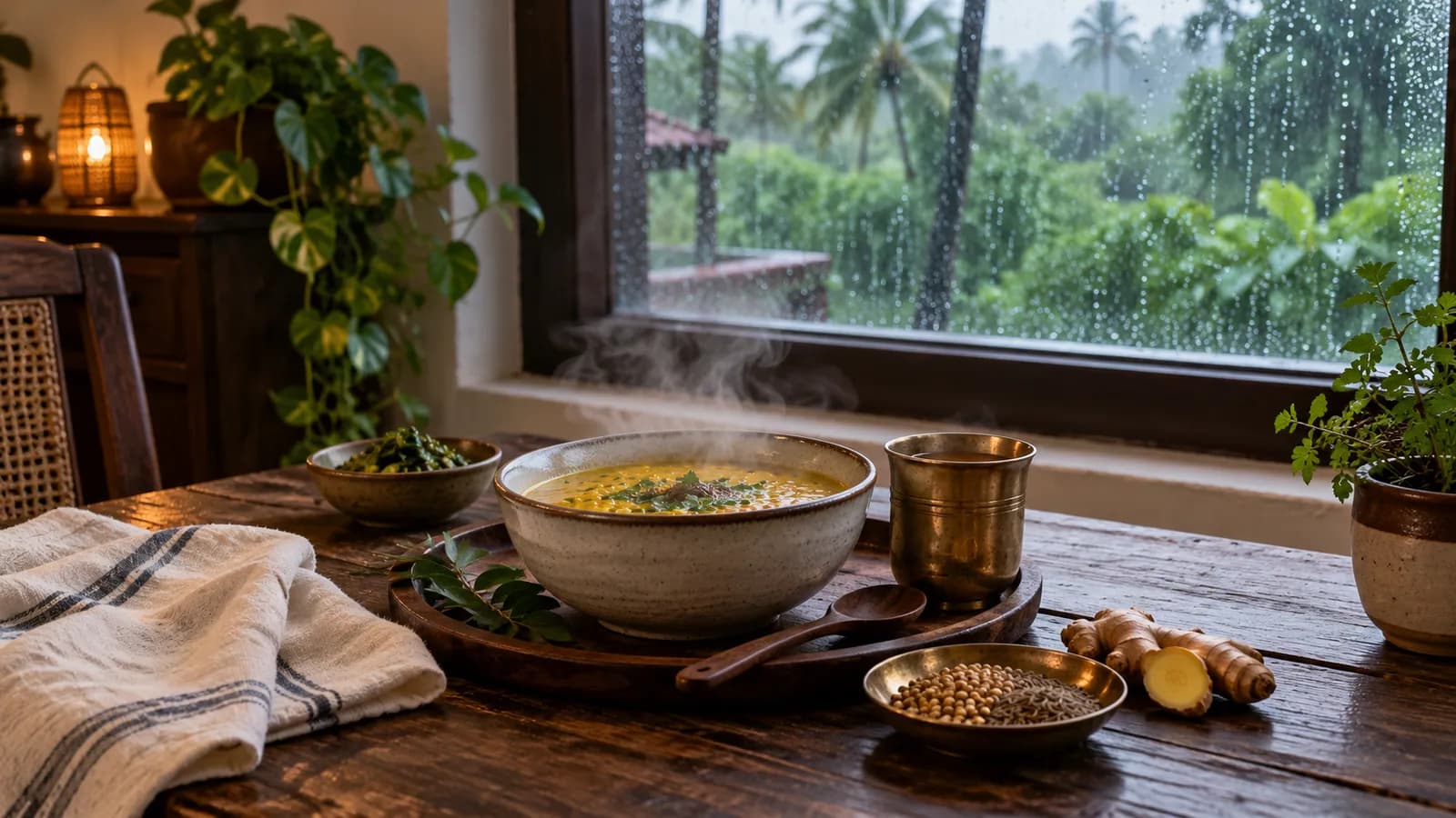 A warm bowl of moong dal soup with ginger and spices beside a rain-covered window